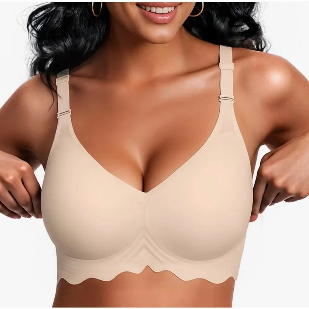 VertVie Wireless‎ Support Bra Beige Convertible Straps Seamless Scalloped Large
